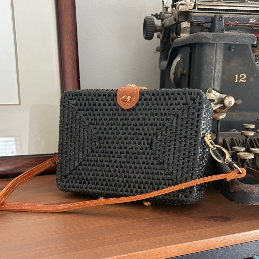 Anthropologie Black Woven Crossbody with Brown Strap
